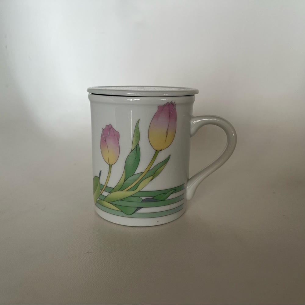 Vintage Toscany Coffee / Tea Mug w/ Lid Spring Tulips